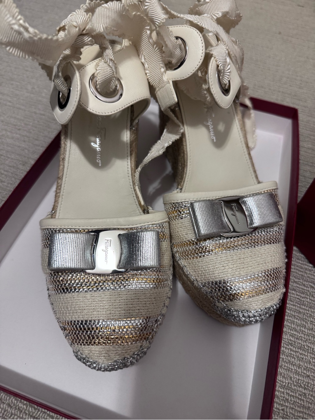 Salvatore Ferragamo Ivory, Silver & Gold Espadrille Wedge Sandals